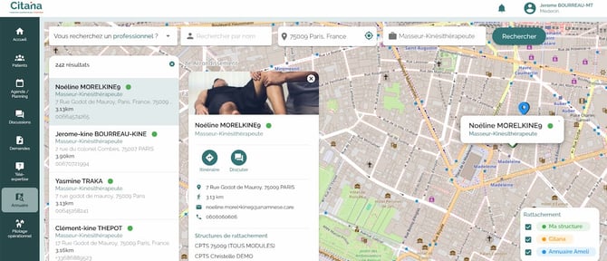 CITANA Annuaire vous permet de trouver un professionnel de santé et obtenir ses informations pour le contacter, lui proposer de rejoindre votre structure, ou évaluer la distance entre son cabinet et le domicile du patient.
