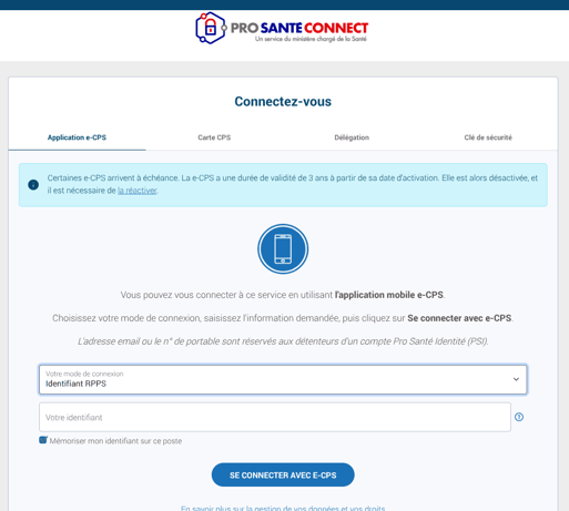 Login CITANA via eCPS: une fois redirigé vers le site de ProSanteConnect, saisissez votre numéro de RPPS.