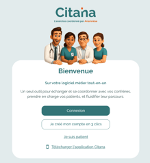 La page d'accueil de Citana permet de se connecter en tant que professionnel de santé, d'administrateur ou patient, ou de créer son compte, ou de télécharger l'application