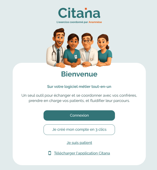 La page d'accueil de Citana permet de se connecter en tant que professionnel de santé, d'administrateur ou patient, ou de créer son compte, ou de télécharger l'application