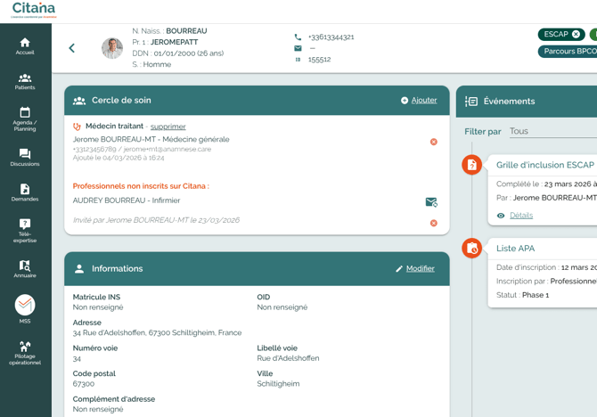Dans citana vous pouvez constituer un cercle de soin même avec des praticiens qui n'ont pas de compte. Elles seront invité, et si elles le souhaitent elles pourront utiliser gratuitement Citana pour l'exercice coordonné autour du patient